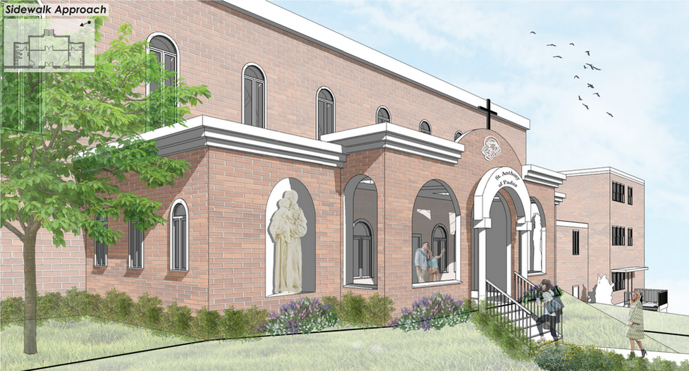 Architectural rendering of a red-brick church from the view of the sidewalk, with people walking and going up the stairs