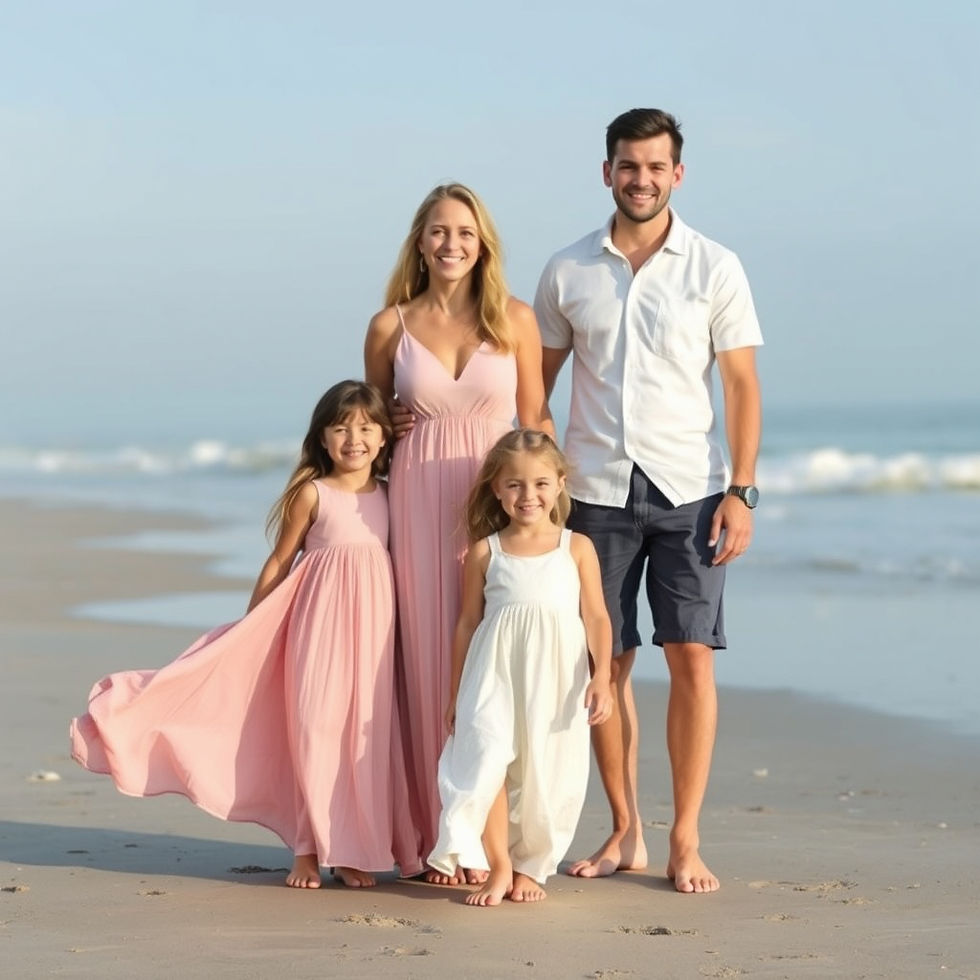 Family of four smiling on a sunny beach. The mother and daughters wear pink dresses, the father in white shirt and shorts. Peaceful ocean backdrop.