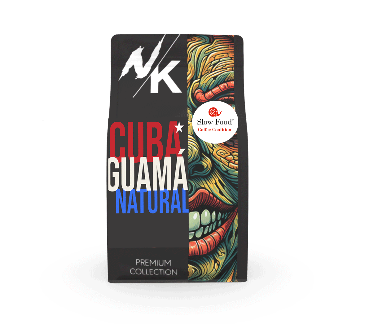 Schwarze Nappi Kaffi Kaffeeverpackung mit der Aufschrift „Cuba Guamá Natural“ in Rot, Weiss und Blau, kubanisch inspiriertem