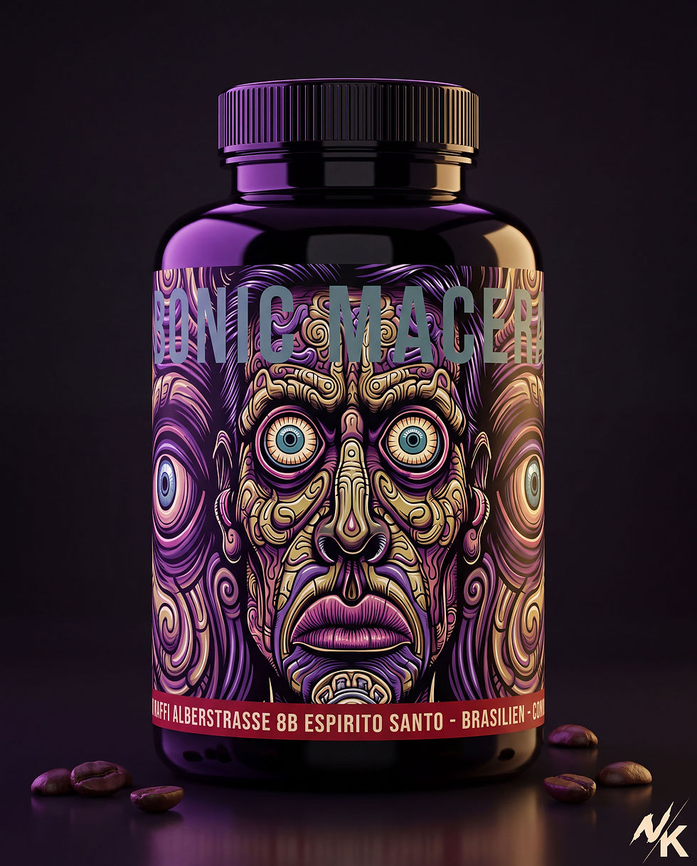 ANOXIA Artefakt — schwarze 200-g-Kaffeeflasche mit psychedelischem Rundum-Artwork in Violett und Ockergold, Conilon von Elisa