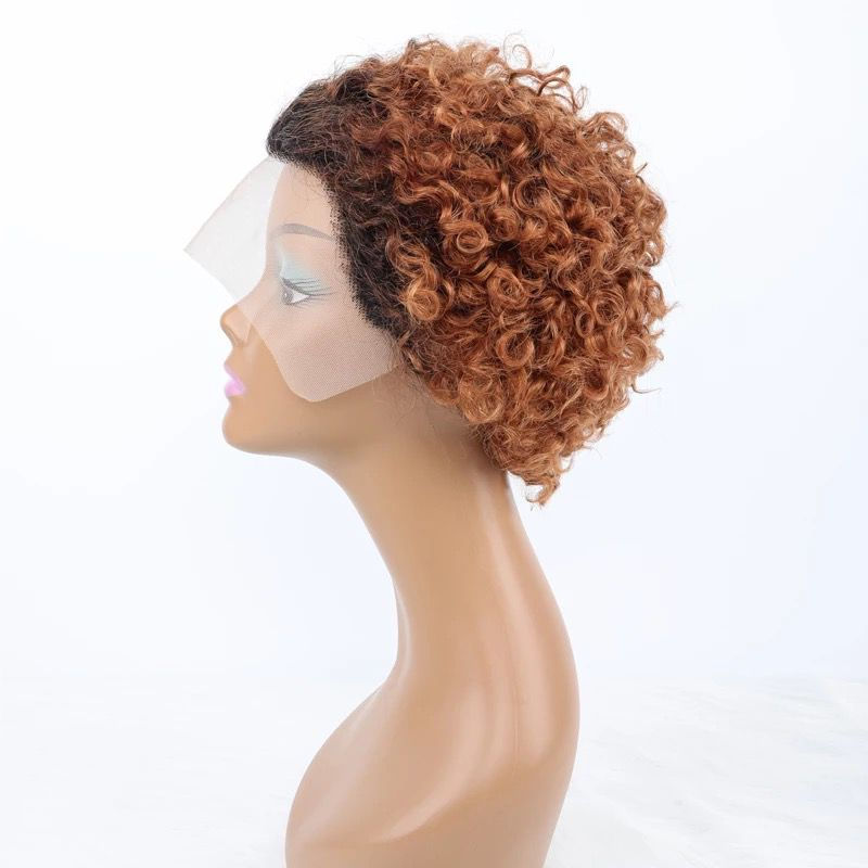 Thumbnail: Ombre Short Pixie Cut 13x4x1 T Lace Front Curly Human Hair Wigs 8 Inch