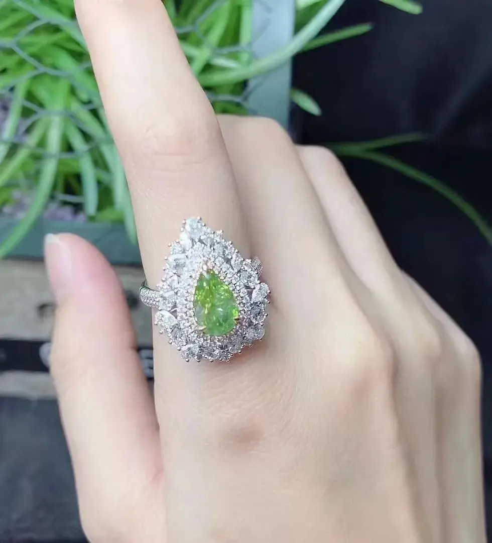 Thumbnail: SGARIT 14k  Gold VVS Pear Cut 1.5ct  Green Moissanite Diamond Engagement Ring