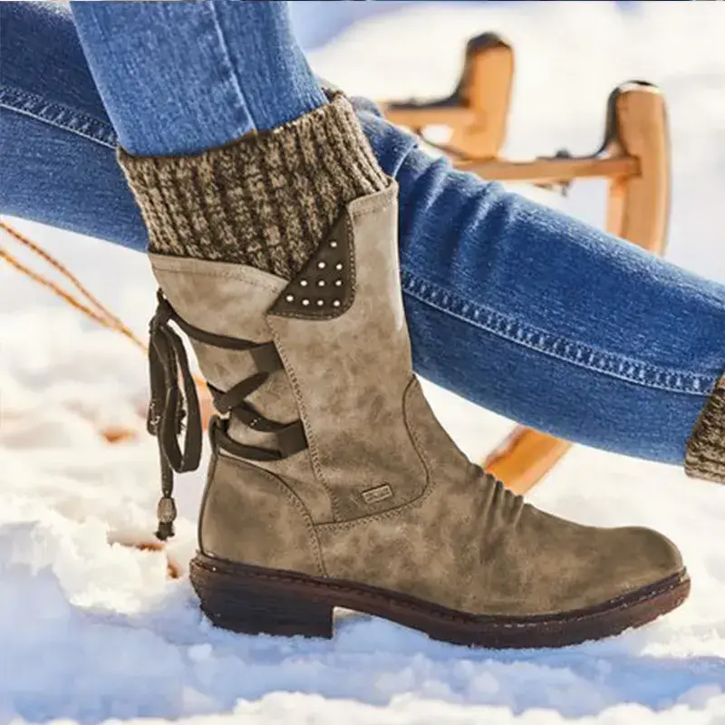 Thumbnail: Mid-Calf Winter Boots Ladies Fashion Suede Warm Lace Up Snow Boots