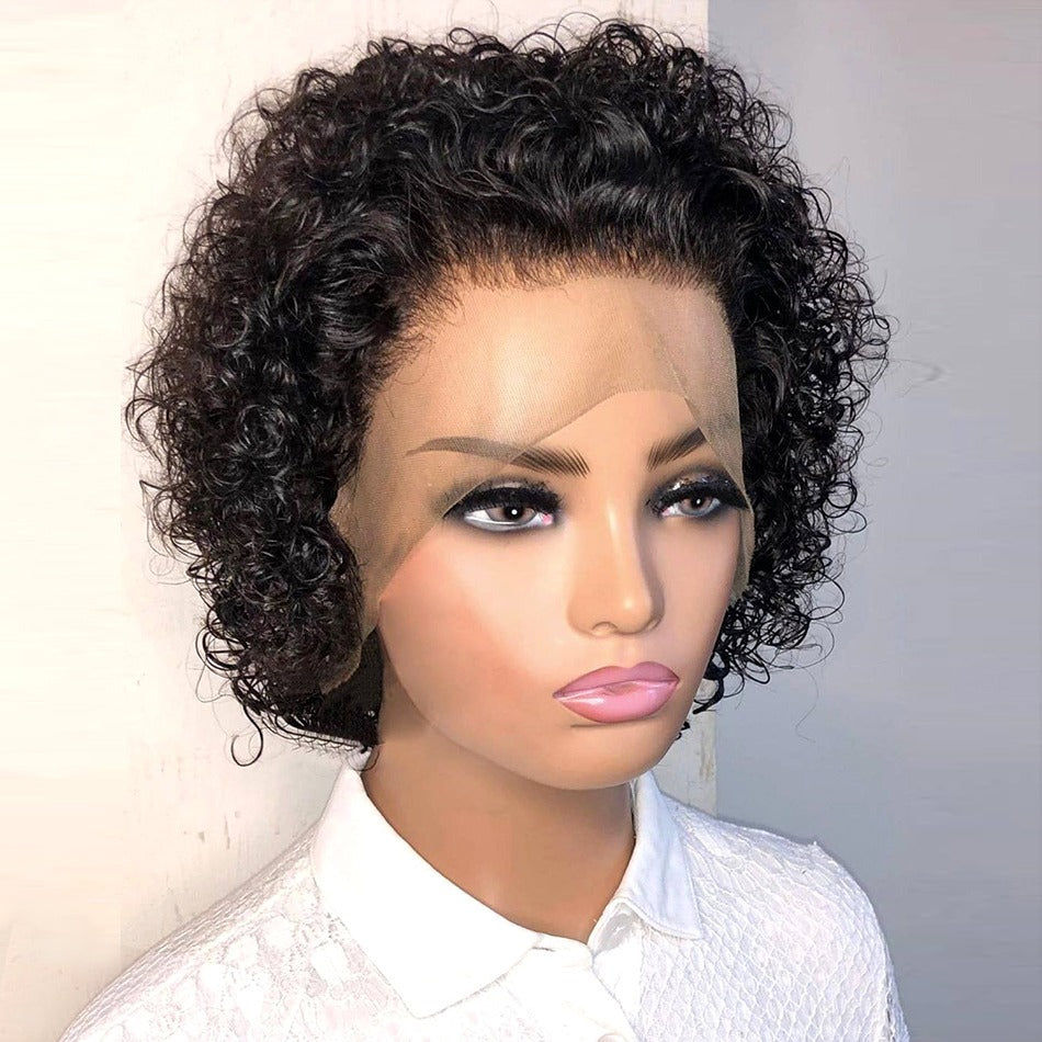 Thumbnail: Ombre Short Pixie Cut 13x4x1 T Lace Front Curly Human Hair Wigs 8 Inch