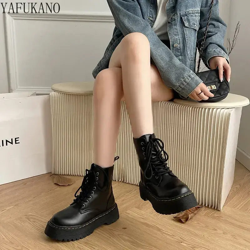 Thumbnail: Front Lace-up Combat Chunky Heel Platform Thick Sole Casual Boots