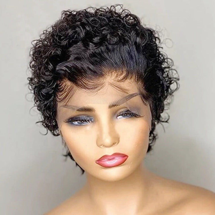 Thumbnail: Ombre Short Pixie Cut 13x4x1 T Lace Front Curly Human Hair Wigs 8 Inch