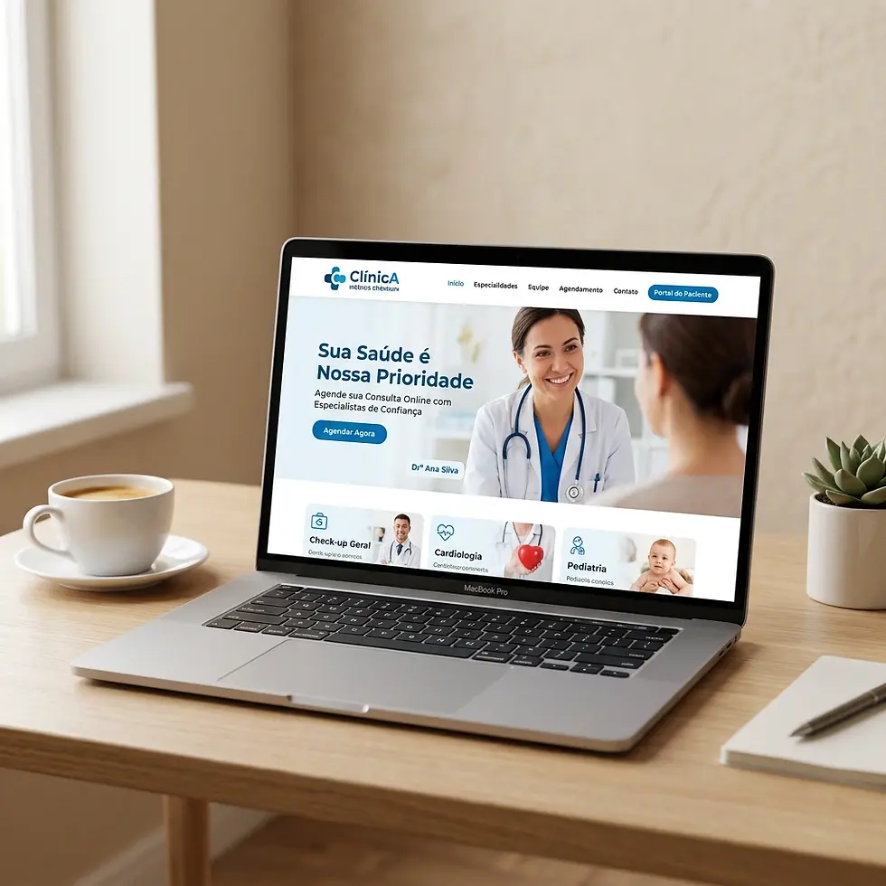 Digital render of a laptop on a desk, showcasing a medical website with a message about health. The scene is clean and professional.