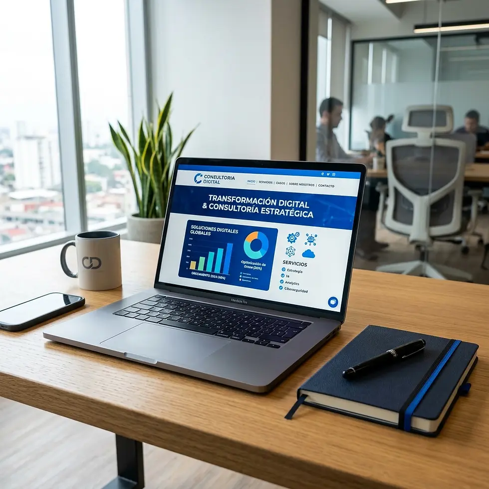 Digital photography of a laptop displaying a business presentation on a desk in a modern office setting.