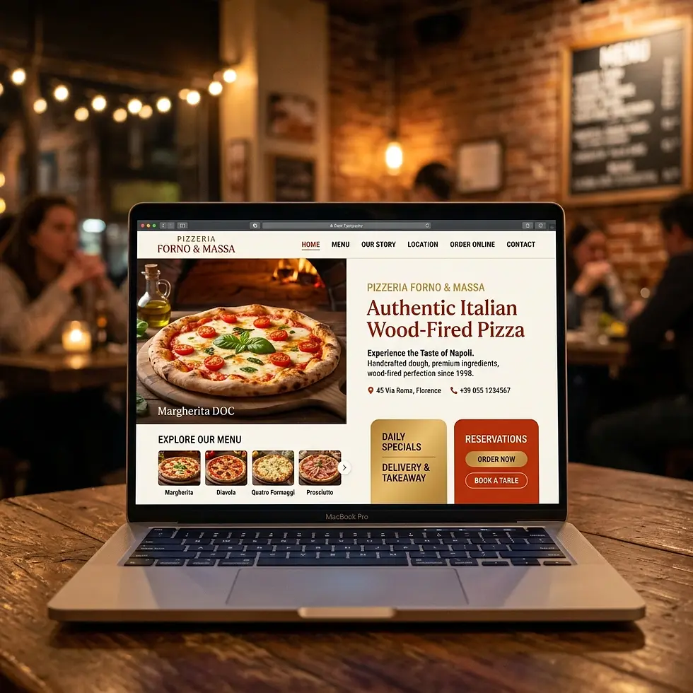 Product photo of a laptop displaying a pizzeria website featuring authentic Italian wood-fired pizza. The background captures a warm and inviting restaurant atmosphere.