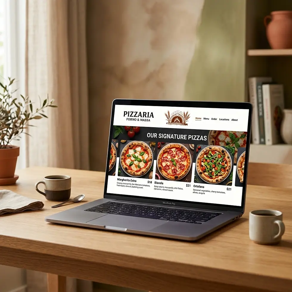 Packshot photography of a laptop displaying a pizza restaurant website with signature pizzas. The scene is set on a wooden table with coffee cups in a cozy environment.