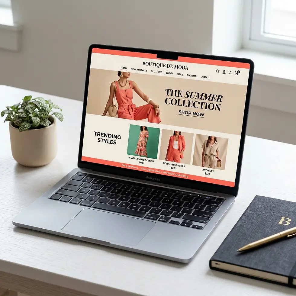 Digital display of the 'Boutique de Moda' website on a laptop, featuring 'The Summer Collection'. The clean scene highlights online fashion retail.