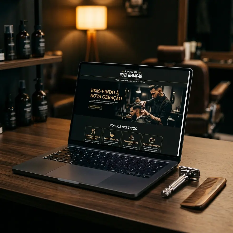 Packshot photography of a laptop displaying a barbershop website on a wooden desk with vintage grooming tools. The scene is set in a dimly lit, masculine environment conveying a classic barbershop feel.