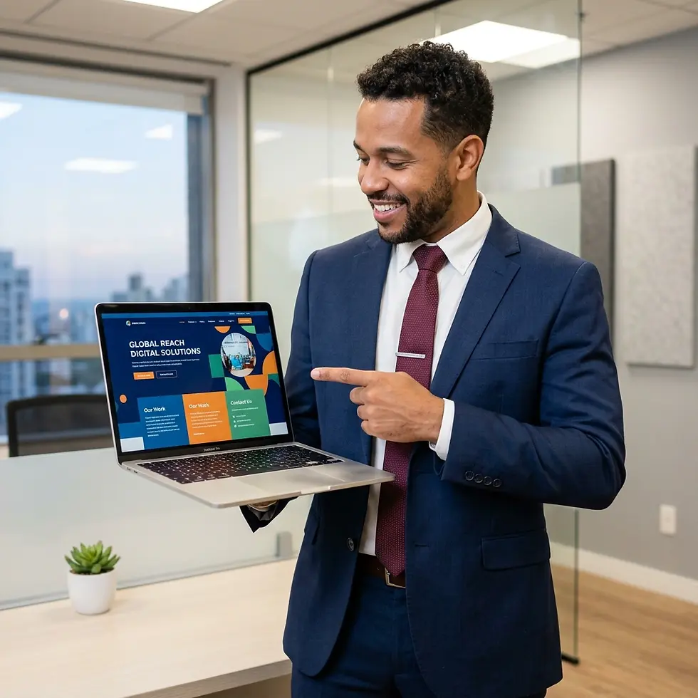 Studio photography of a smiling businessman in a suit presenting a laptop. He is in a modern office, pointing at a screen displaying 'Global Digital Solutions'.