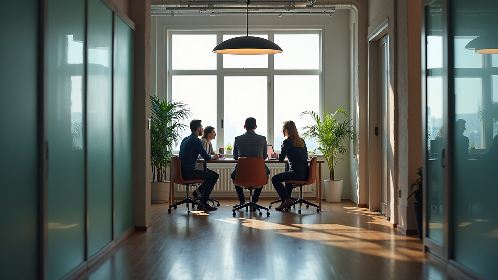 Eye-level view of a modern office space with a team collaborating around a table