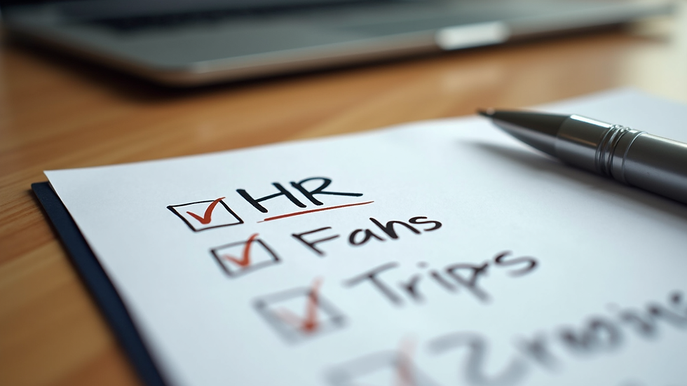 Close-up view of a checklist with HR tasks and a pen on a wooden table