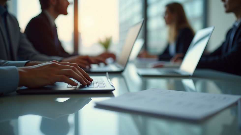 Eye-level view of a business meeting with documents and laptops on the table