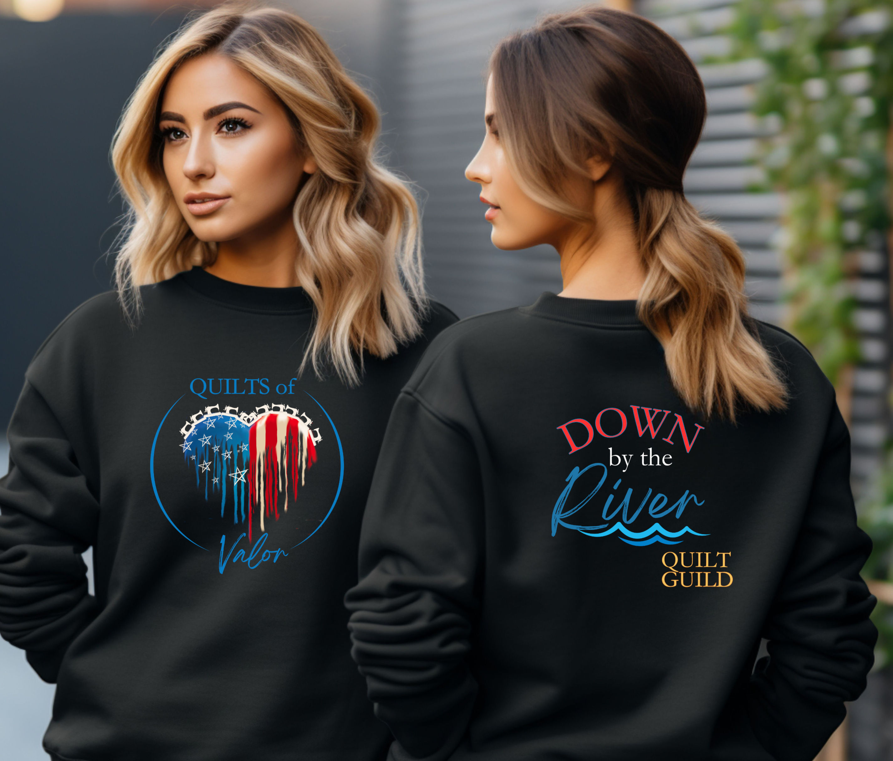 Quilts of Valor, Down by the River, Quilt Guild Front and back Print Sweatshirt