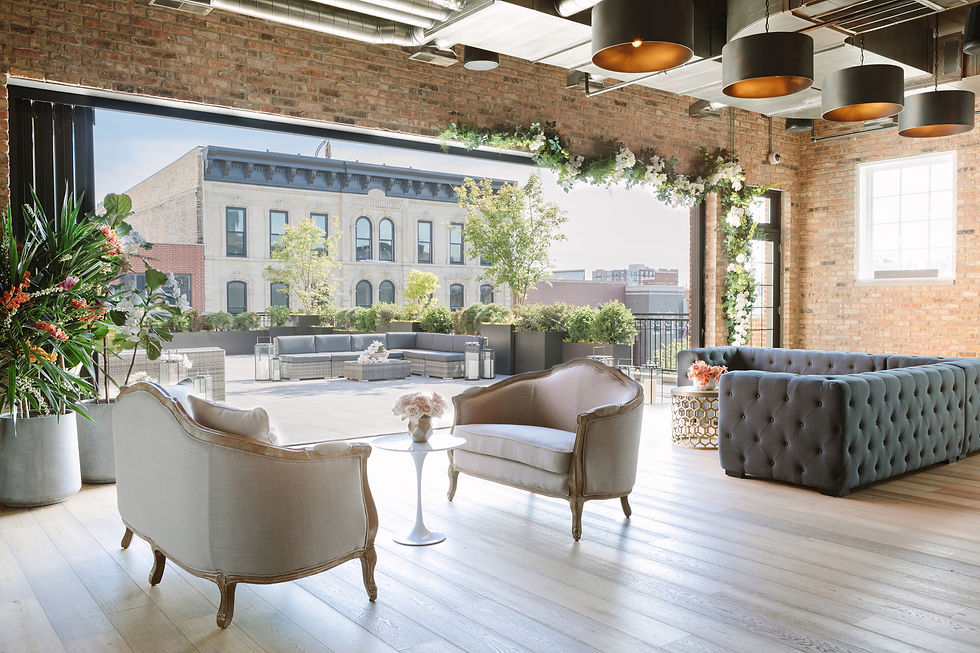 Loft Lucia West Loop event space featuring private terrace and indoor lounge seating
