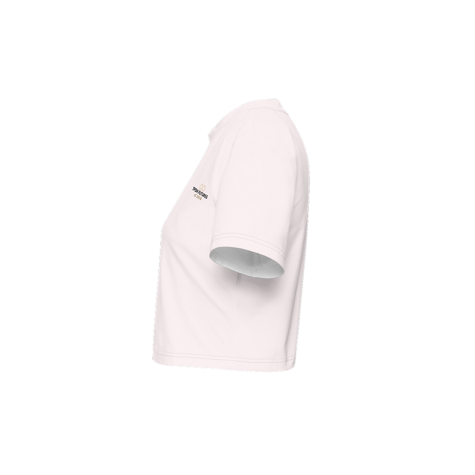 Thumbnail: Women’s Short Sleeve Cropped T-Shirt- Blue Gold (logo) (Peach)