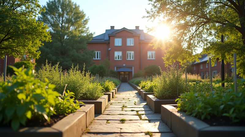 Pathway leading to building, with sun shining behind building