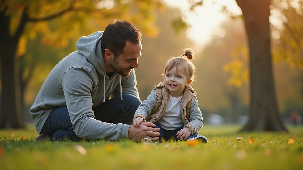 Eye-level view of a dad engaging with his child in a park