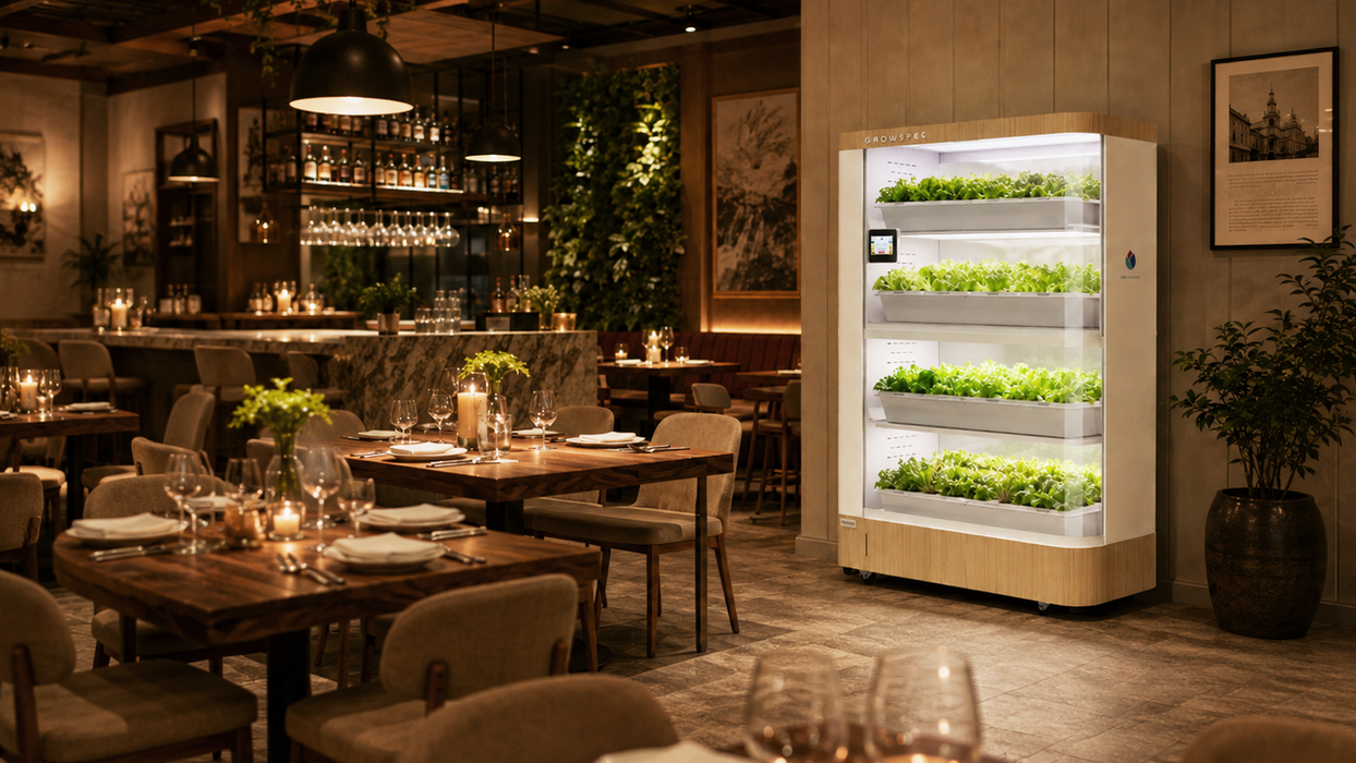 FarmCube Nano soil-free growing display for premium restaurant dining spaces