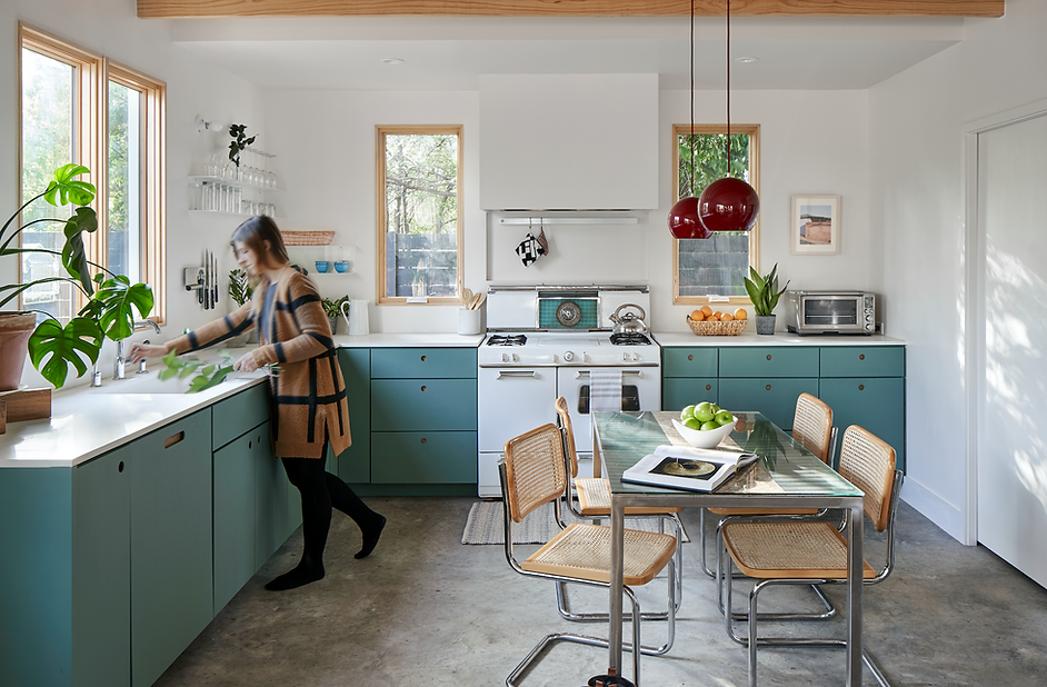 Image of the kitchen in the Alamo Street ADU, a custom build by Moontower.