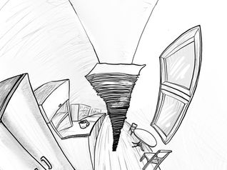 A pencil sketch of a small kitchen in Paris