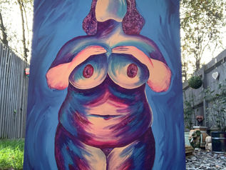 Kat Shaw Artist and one of her paintings of the naked body of a woman