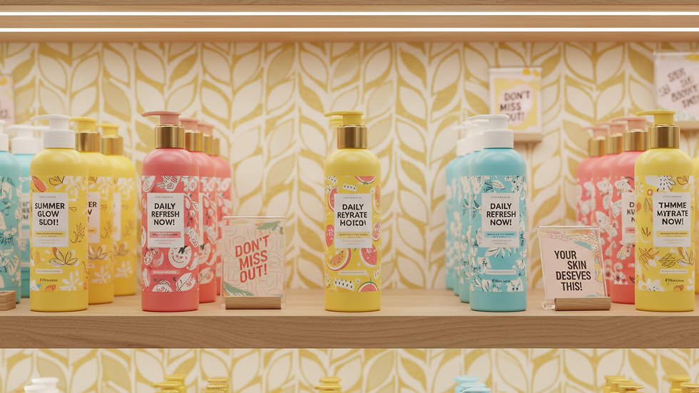 Eye-level view of a shelf displaying various body lotion bottles in a store