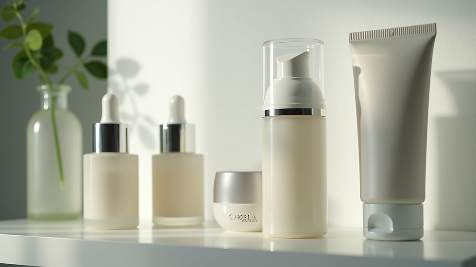 Eye-level view of a skincare shelf with various moisturiser bottles and tubes