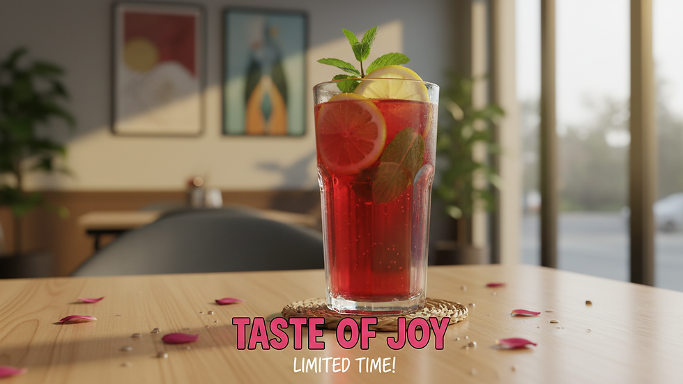 Eye-level view of a glass of RoohAfza with lemon slices and mint leaves on a wooden table