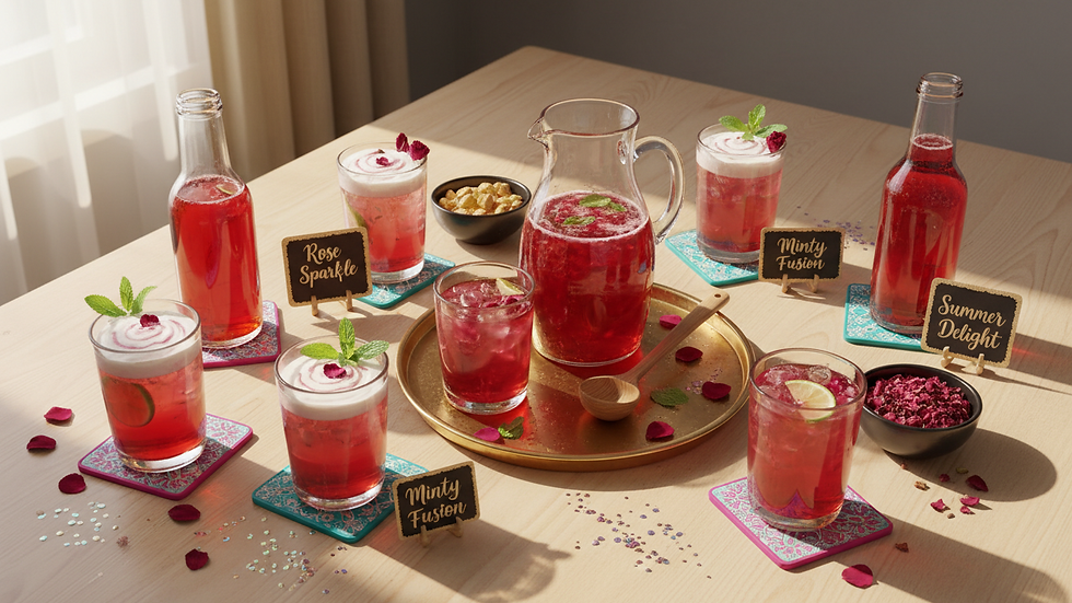 High angle view of a colorful assortment of RoohAfza flavored drinks on a table