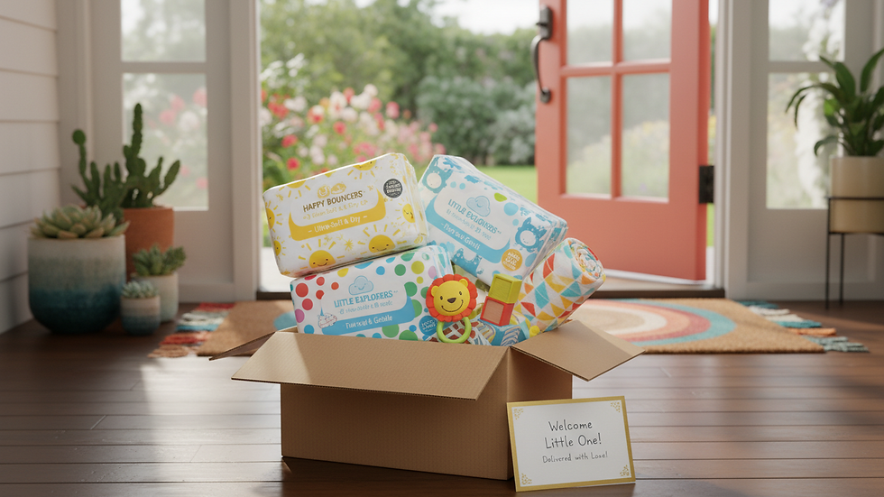 Eye-level view of a delivery box filled with baby diapers at a doorstep