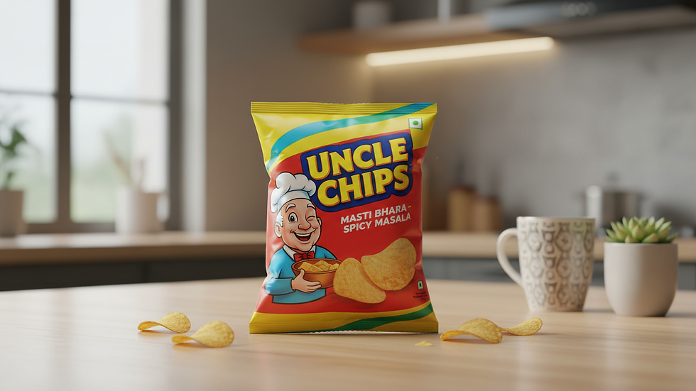 Eye-level view of a single packet of Uncle Chips lying on a wooden table