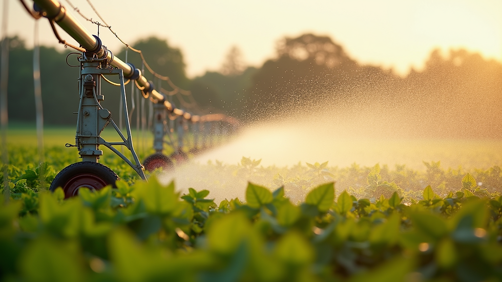 Eye-level view of automated irrigation system watering a crop field