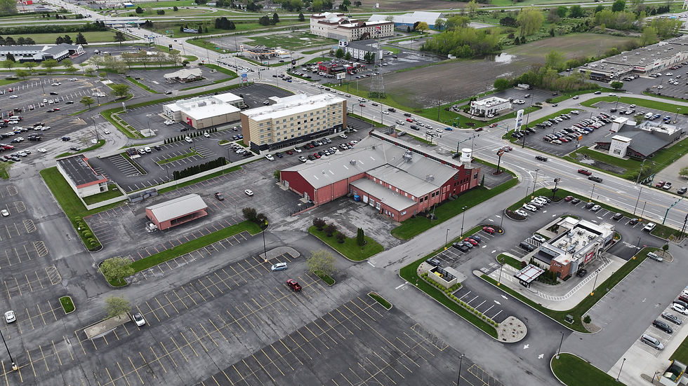 Eye-level view of a drone flying over a residential neighborhood