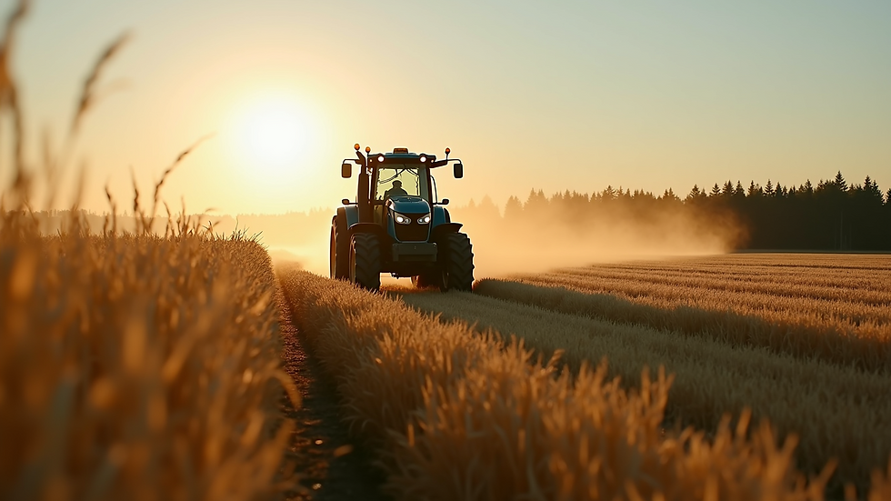 Eye-level view of a GPS-guided tractor working in a crop field