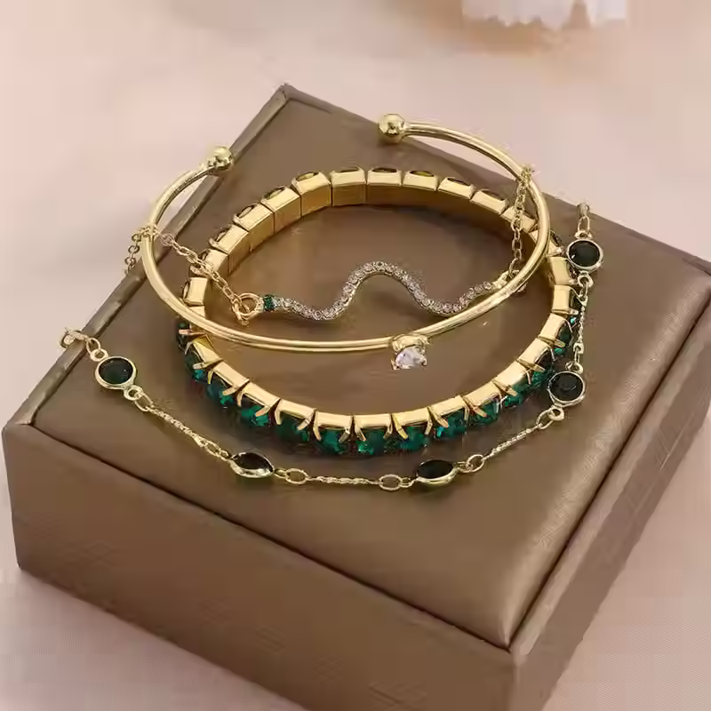 Thumbnail: Green Crystal Snake Bracelet Set (4 Pcs)