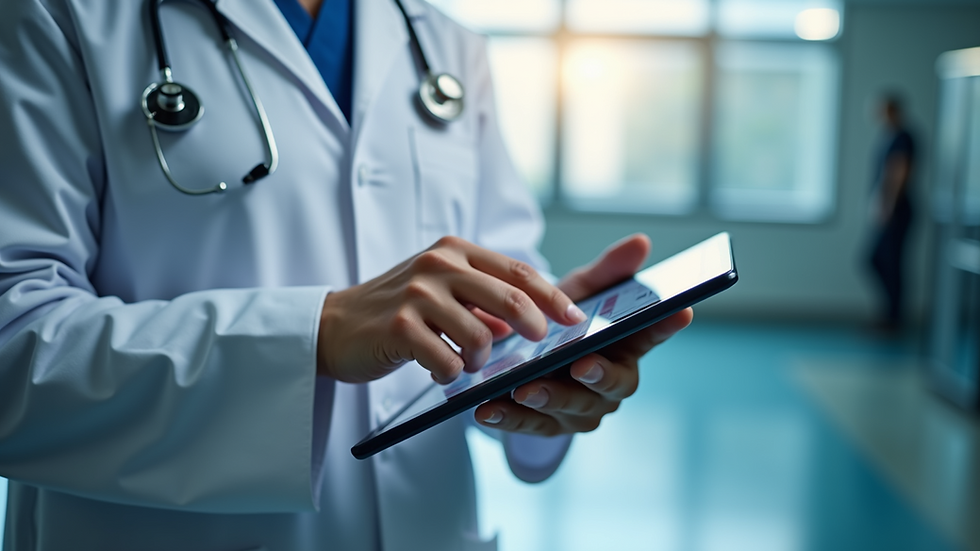 Eye-level view of a healthcare professional analyzing patient data on a tablet