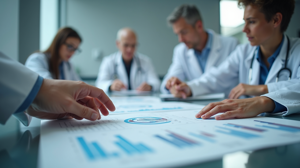 High angle view of a healthcare team discussing data charts on a table