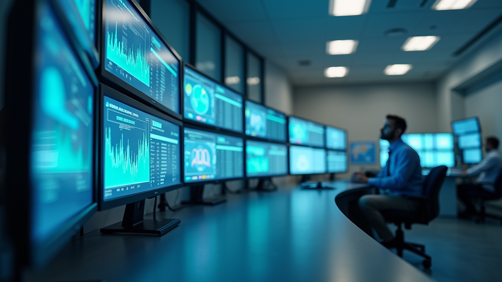 Eye-level view of hospital control room with data screens