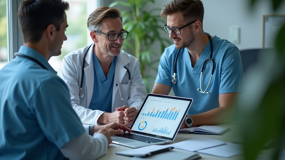 High angle view of a healthcare team discussing data charts on a laptop