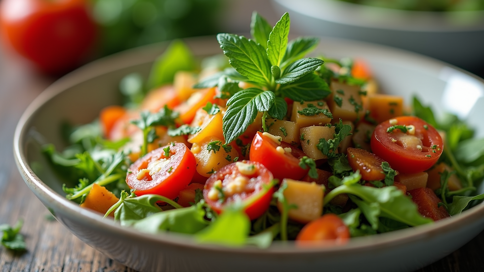Close-up view of a colorful veggie salad in a bowl topped with fresh herbs