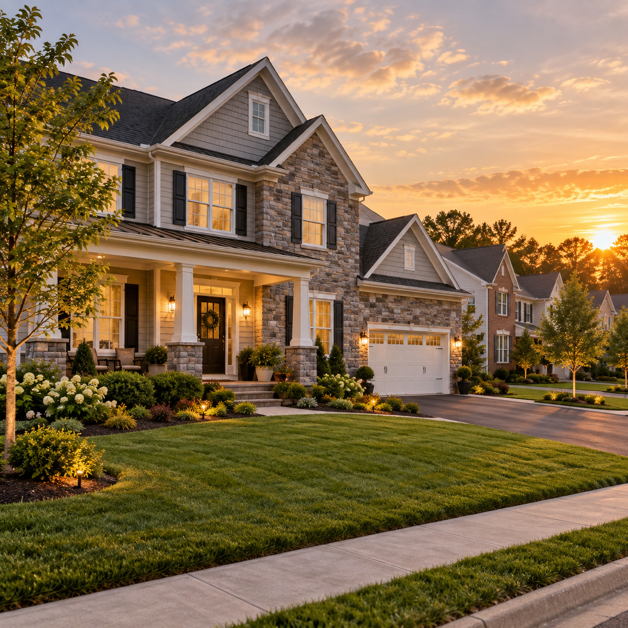 Virginia suburban homes at golden hour illustrating housing inventory, competition and listing presentation.