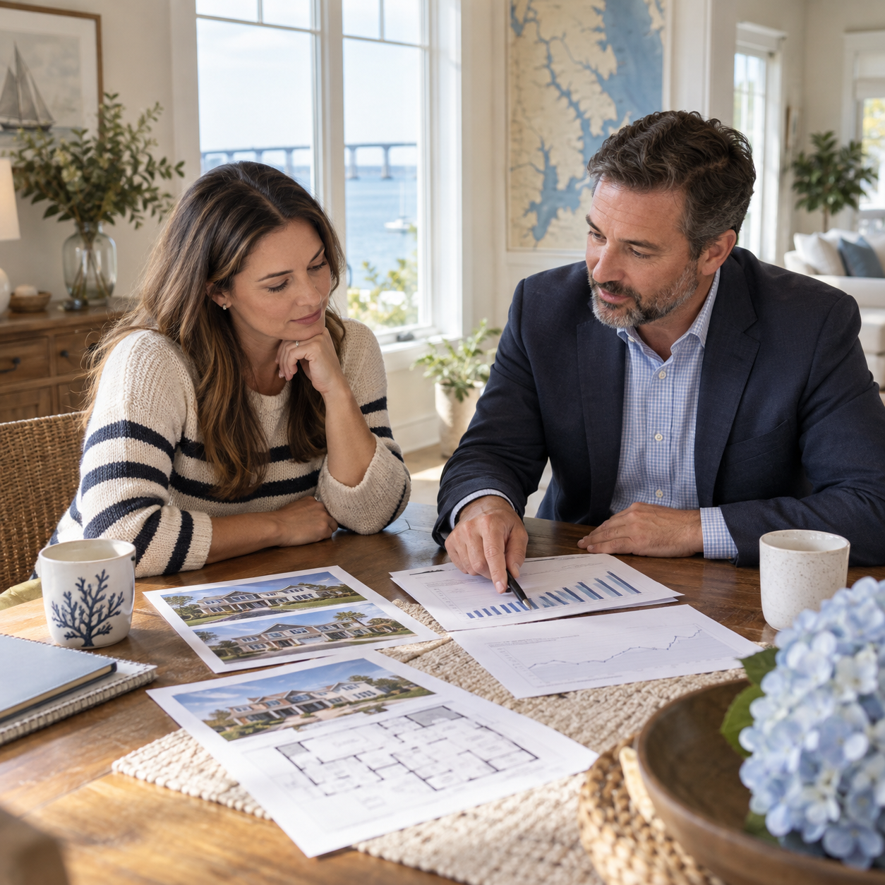 Hampton Roads real estate consultation reviewing market charts, listing photos and a floor plan in a waterfront home.