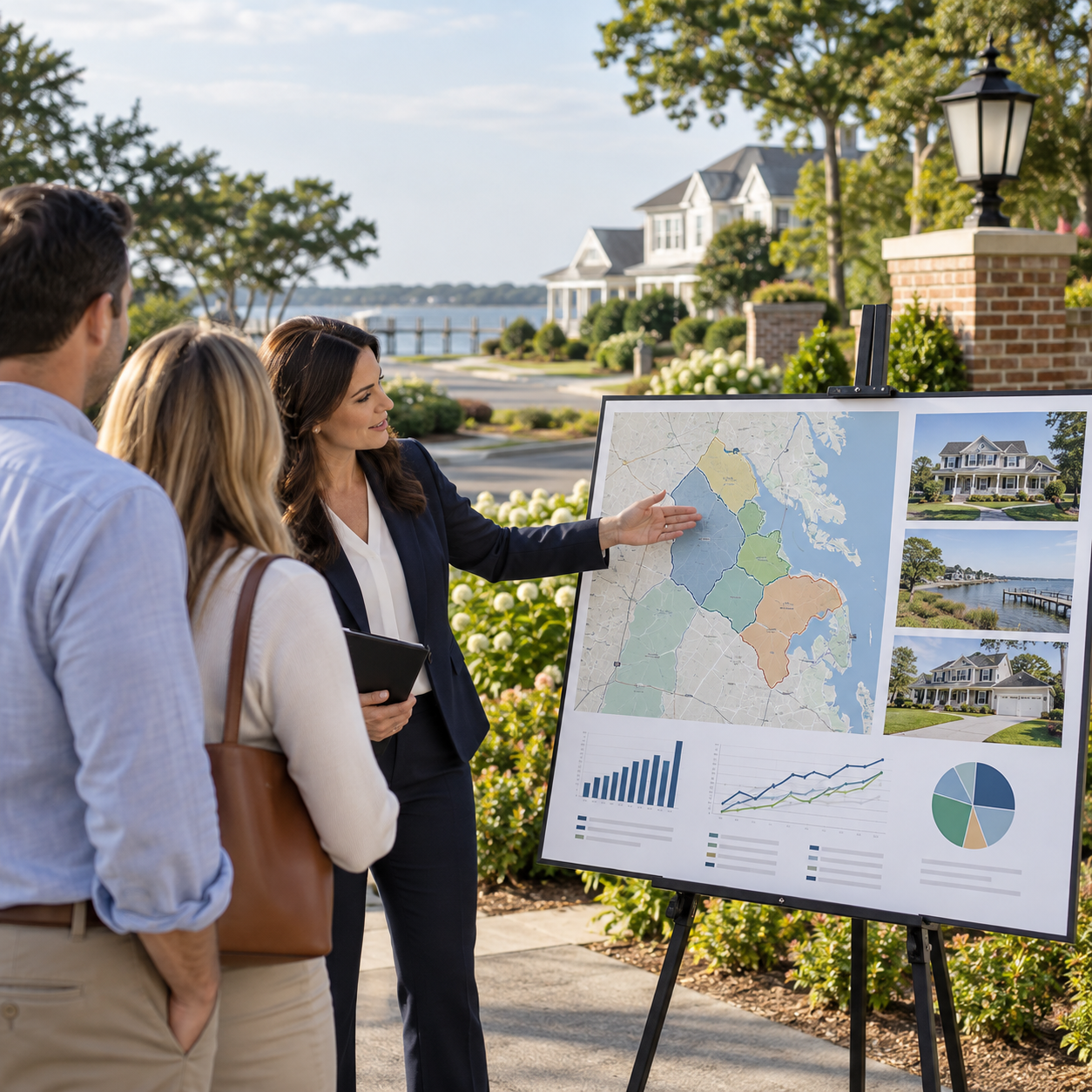 Hampton Roads real estate professional explaining submarket boundaries and market trends beside a waterfront neighborhood.