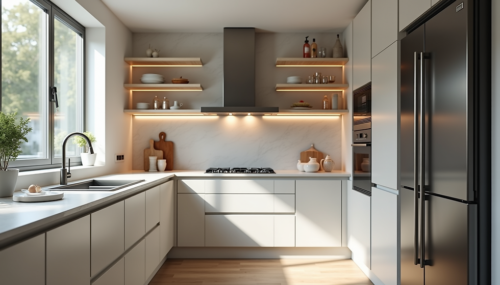 Wide angle view of a modern kitchen with stainless steel appliances
