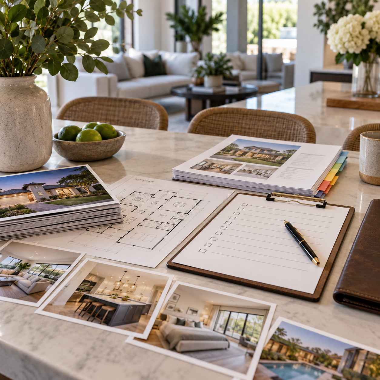 Verified real estate listing brief with checklist, floor plan and organized property photography in a staged home.