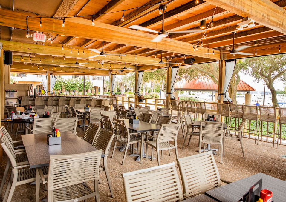 covered patio with lots of seating of the tavern for outdoor dining